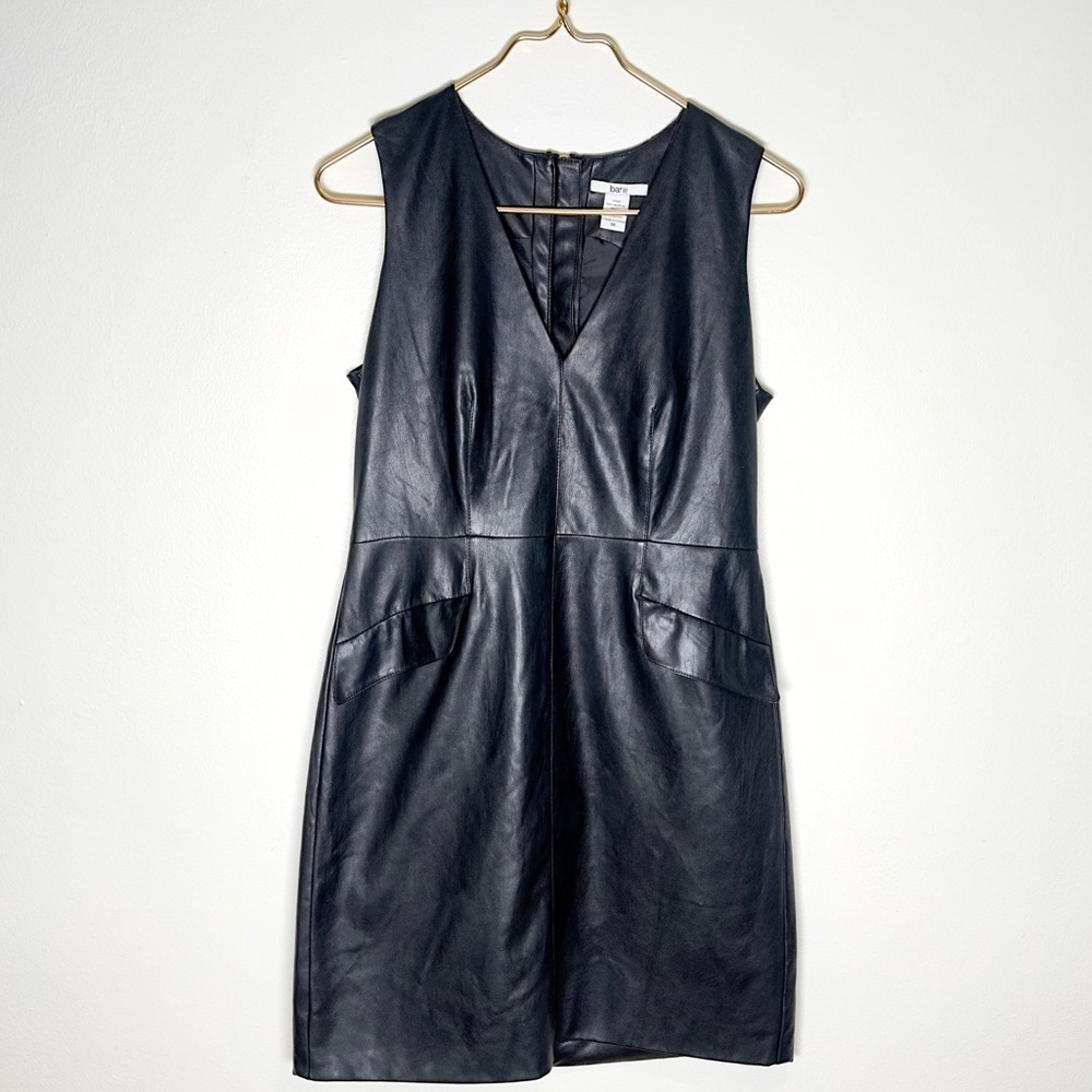 BAR III Faux Leather Black V Neck Mini Dress Medium Zipper Gold